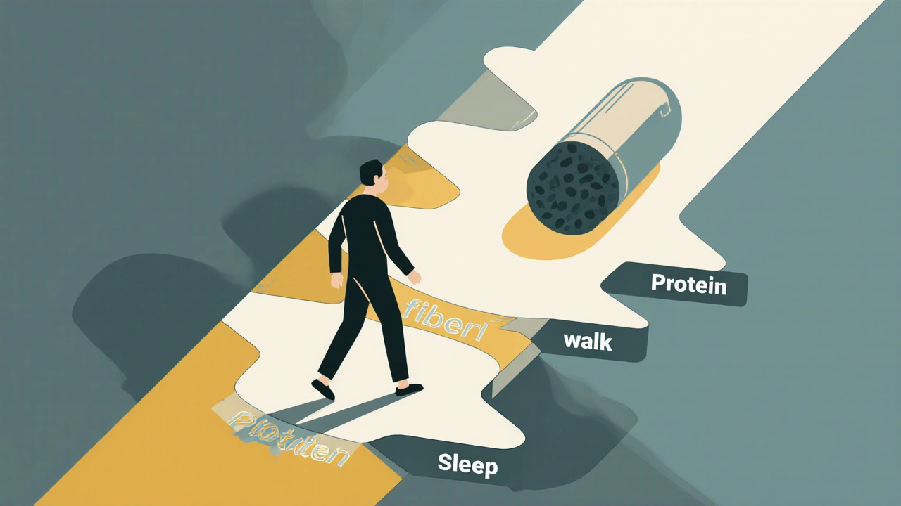 A figure walking on a path of healthy habits, shedding a dark shadow as a pill dissolves into light.