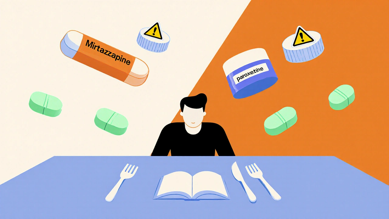 A person at a table with floating medication shapes, some glowing green as healthier alternatives.