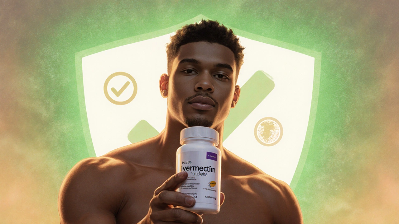 Artistically rendered figure holding ivermectin bottle with safety shield background.