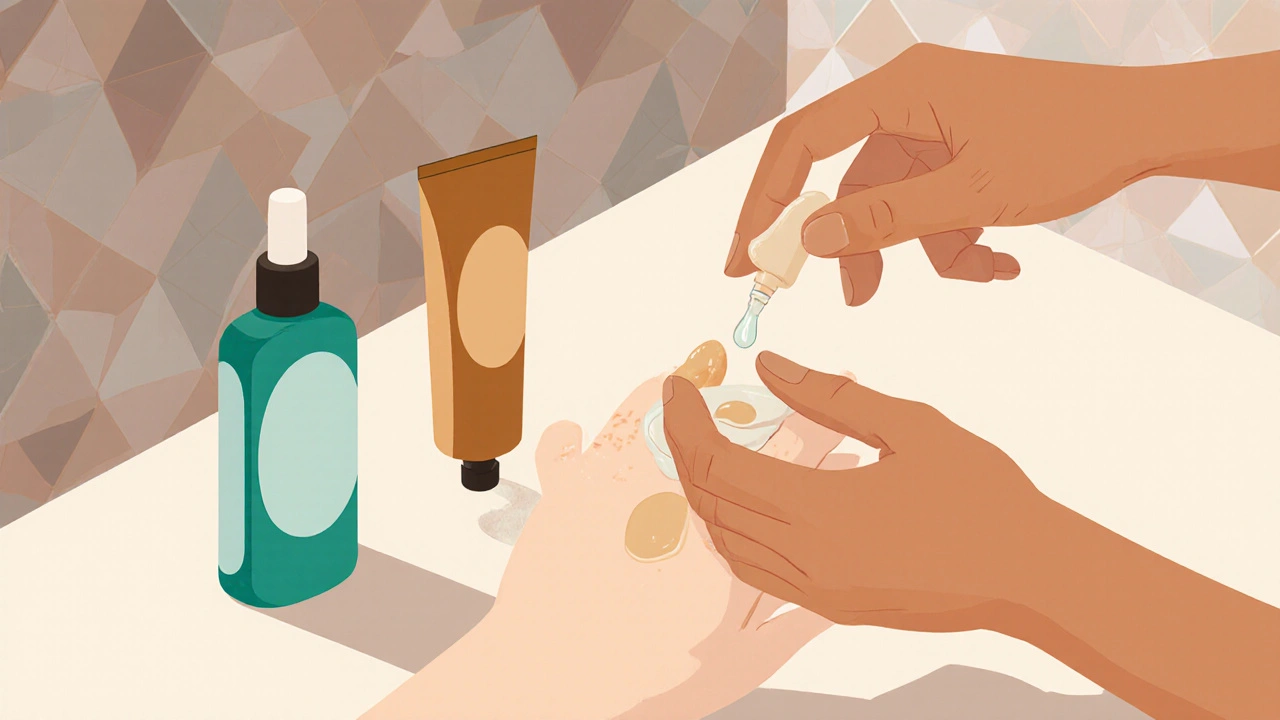 Bathroom vanity showing hands applying niacinamide serum then azelaic acid gel.