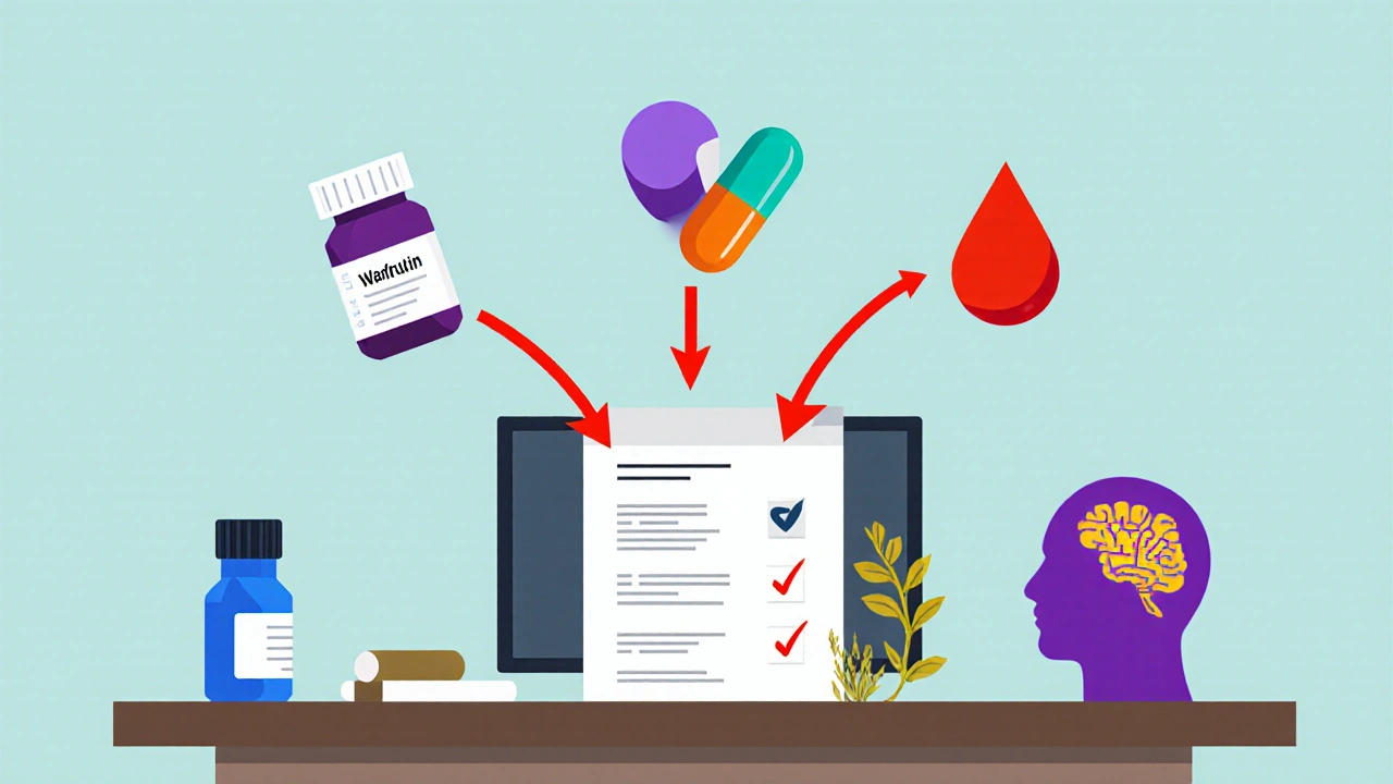 Bauhaus illustration of doctor reviewing warfarin, aspirin, and SSRI bottles with patient, highlighting bleeding and neuropsychiatric risks.