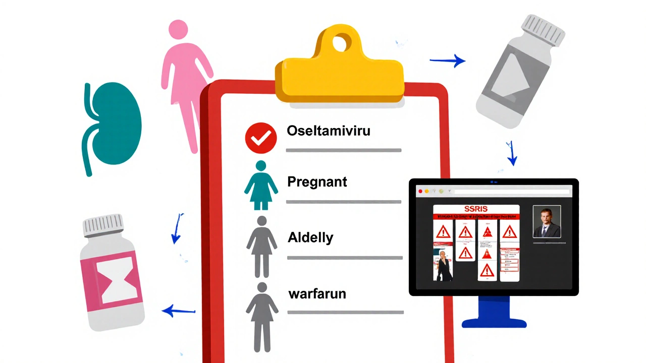 Bauhaus-style checklist clipboard showing icons for renal function, pregnancy, elderly, and drug‑interaction tools.