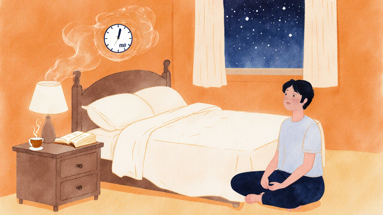 Calm bedroom scene with person practicing breathing and peaceful sleep‑hygiene cues.