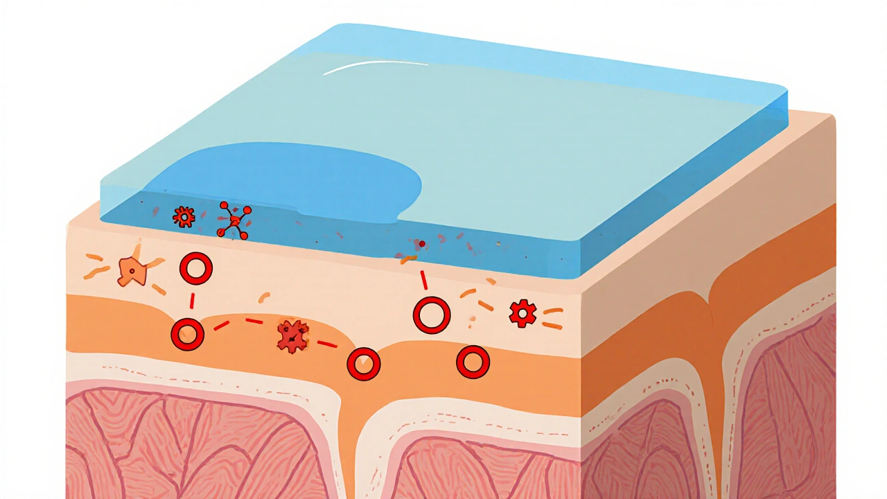 Cross‑section of skin illustrating Diclofenac gel molecules blocking COX enzymes.