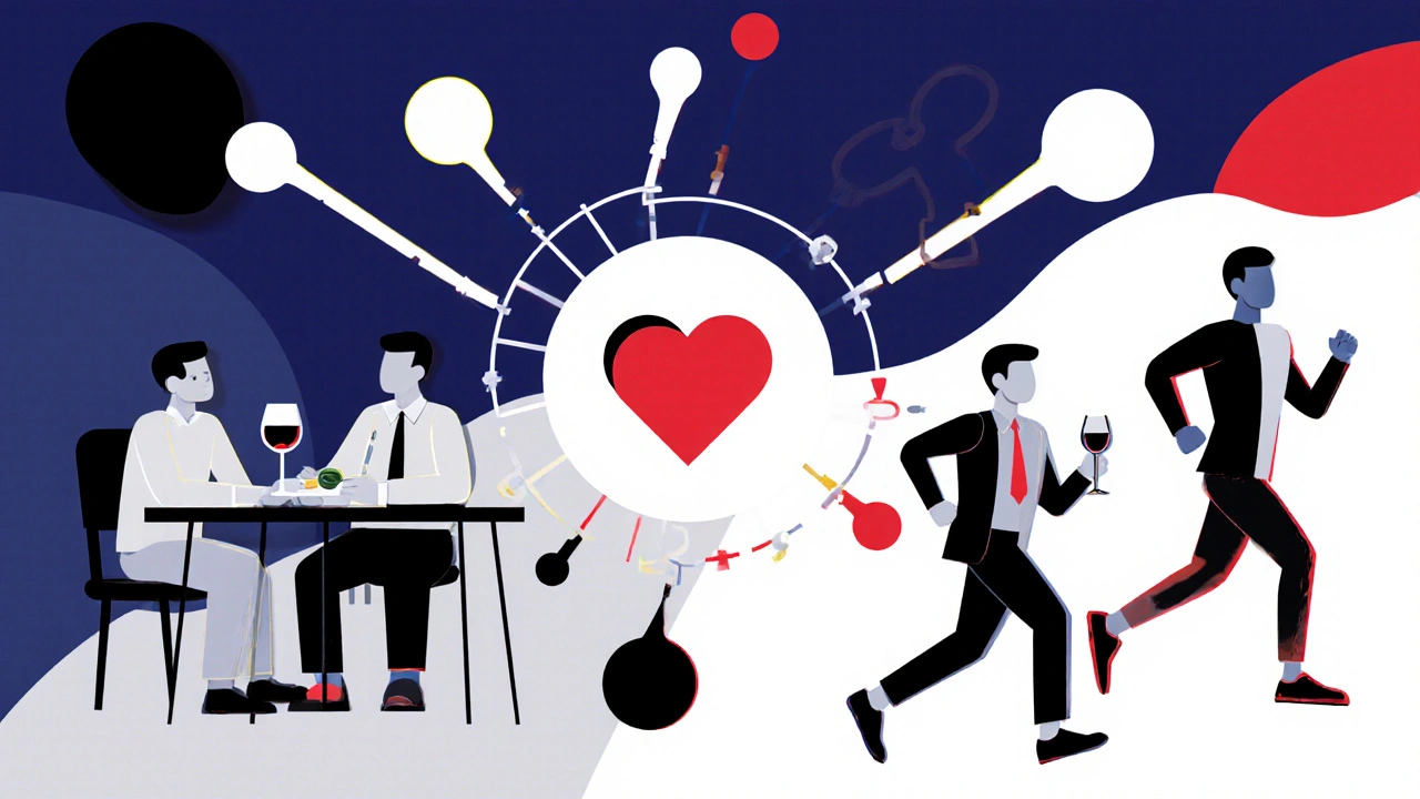 Diverse men in daily life connected by pathways to a symbolic heart and anatomy icon.