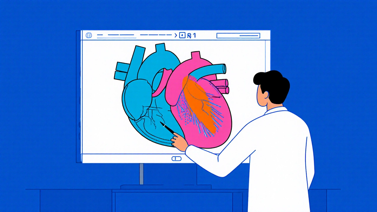 Doctor viewing a 3D heart ultrasound with a highlighted regurgitant jet.