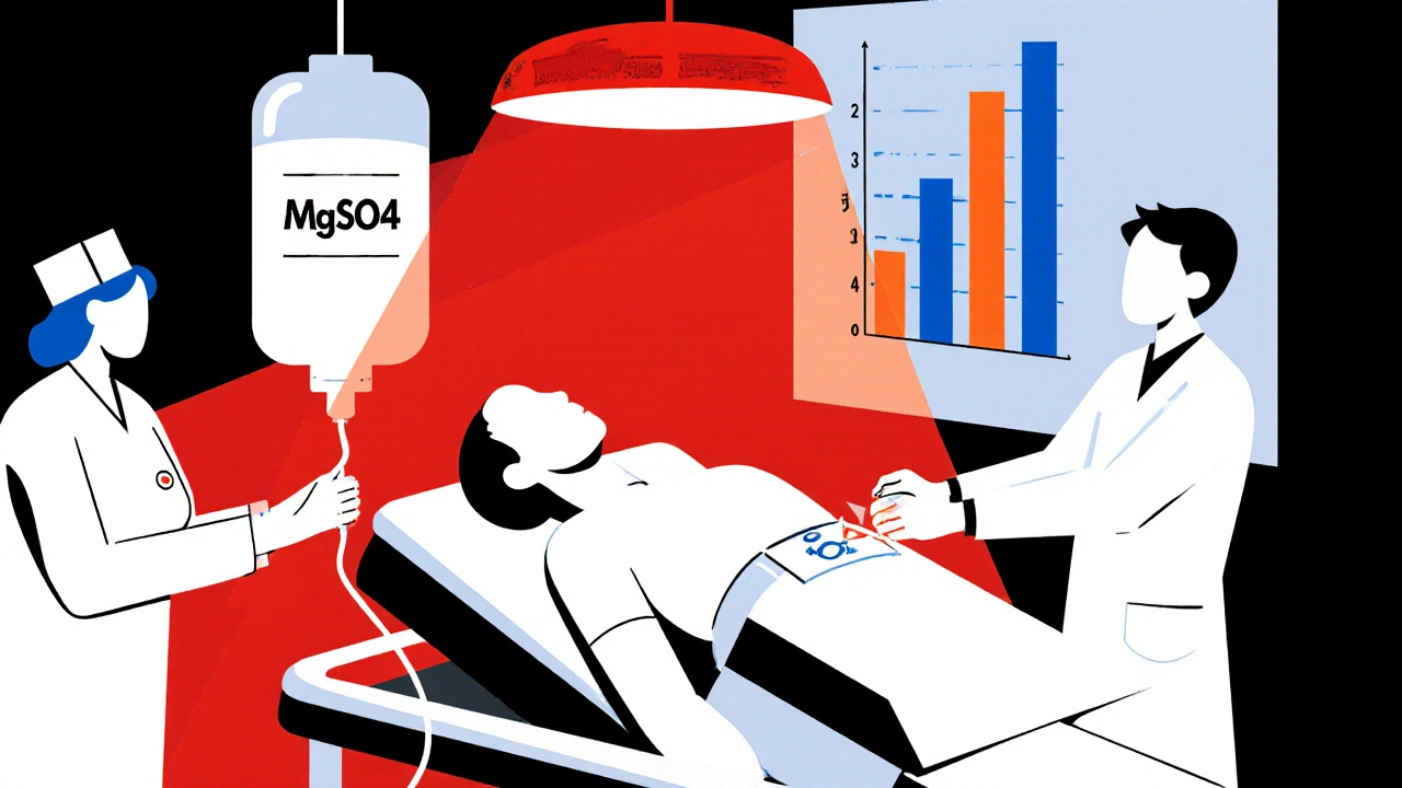 Emergency scene with IV magnesium, pacing pads, and AI risk score screen for TdP.