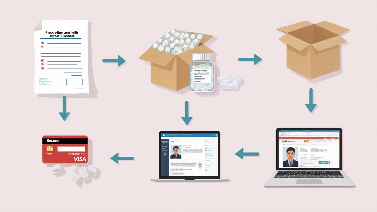 Flat illustration of checklist items for safe ivermectin purchase.