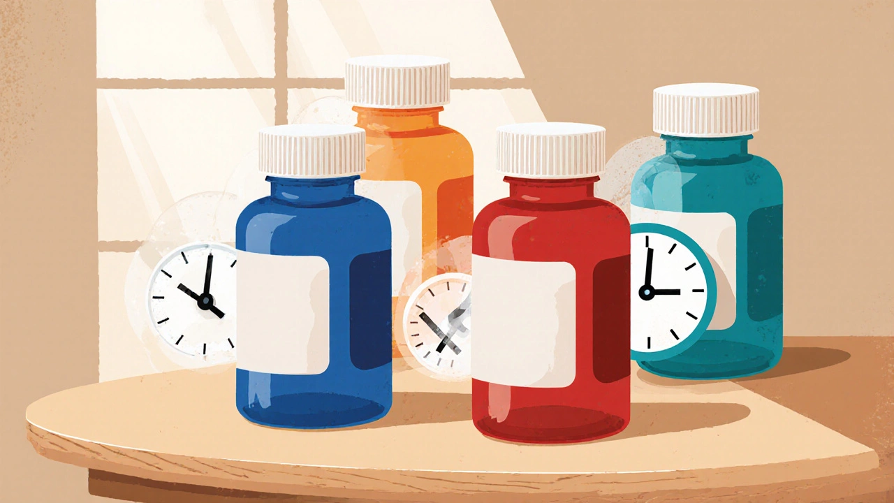 Four colored medication bottles with clock faces indicating onset times on a wooden table.