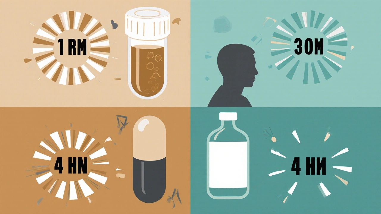 Four ED medication forms with time indicators in geometric Bauhaus composition.