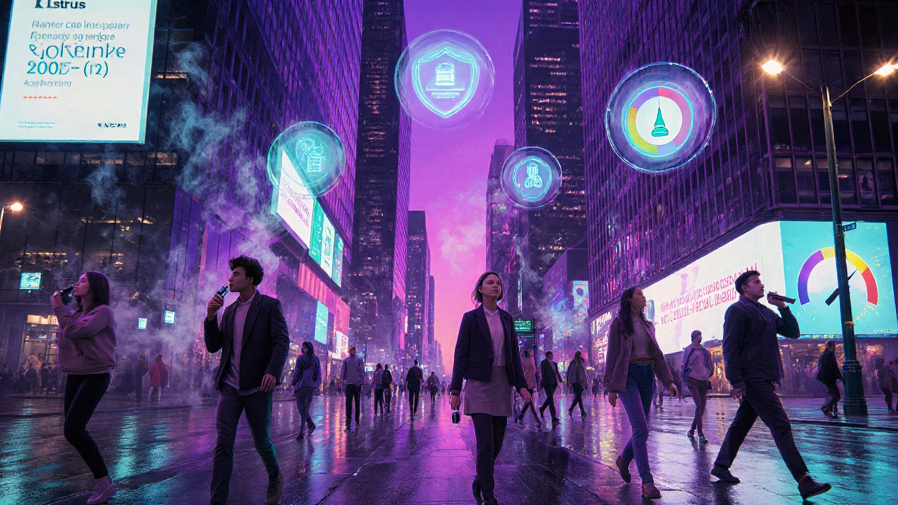Futuristic city street with people using various nicotine alternatives under neon sky and regulatory icons.
