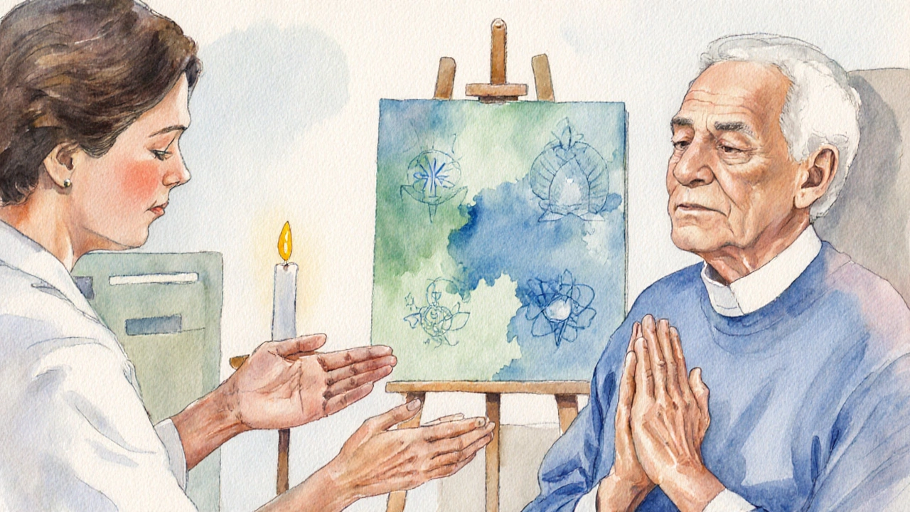 Group session with chaplain, breathing exercise, and art elements in a soft watercolor style.