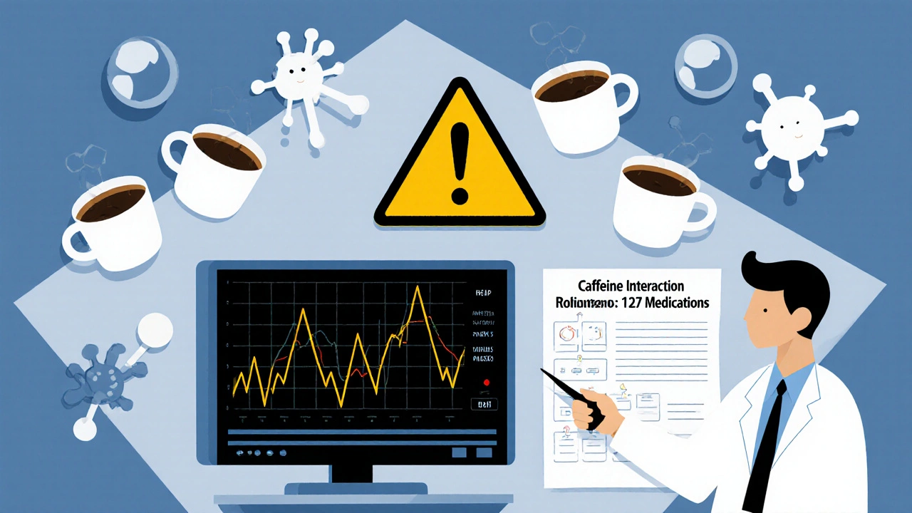 Heart monitor with coffee cups and warning symbols in angular Bauhaus medical illustration