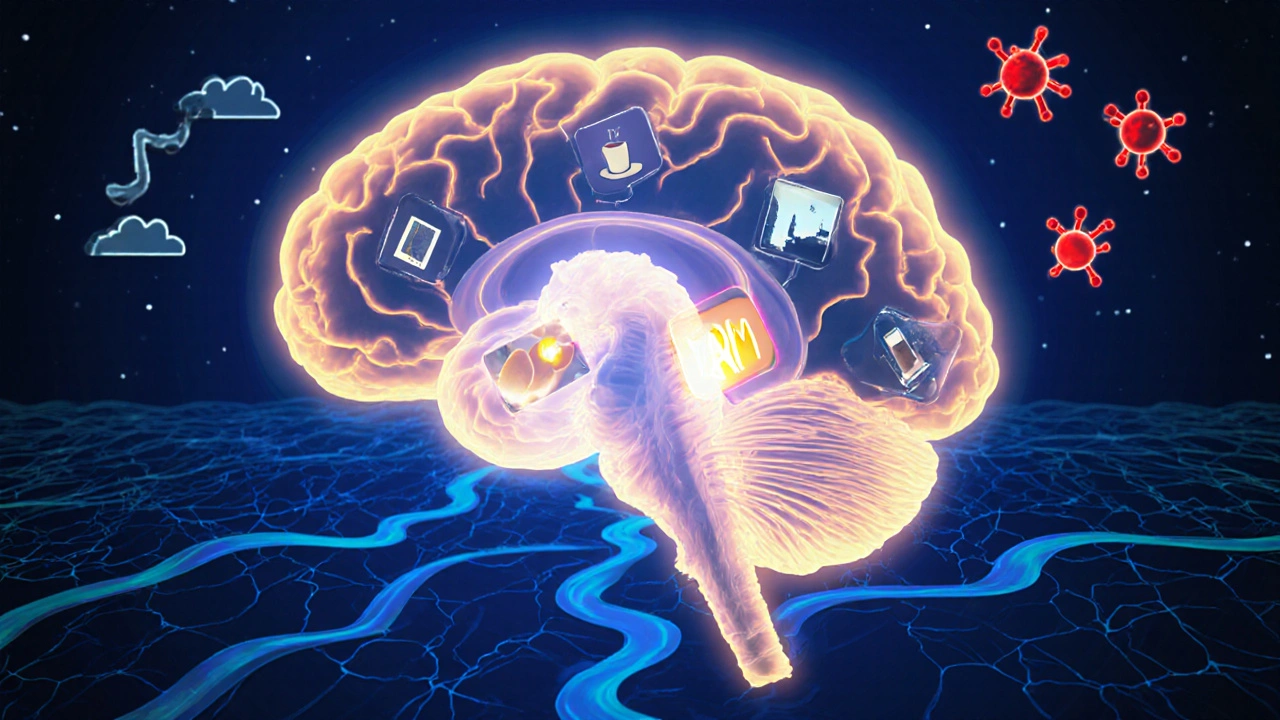 Illustrated brain cross‑section showing sleep stages, hippocampus replay, and waste clearance.