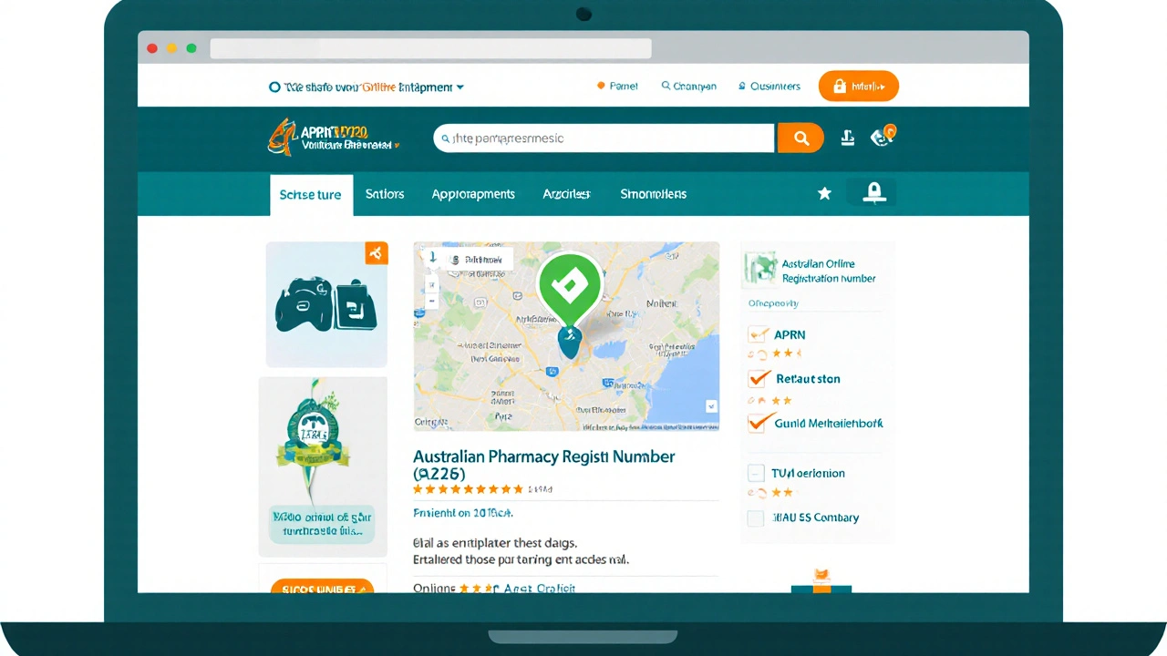Illustration of a verified Australian pharmacy website with checklist items.