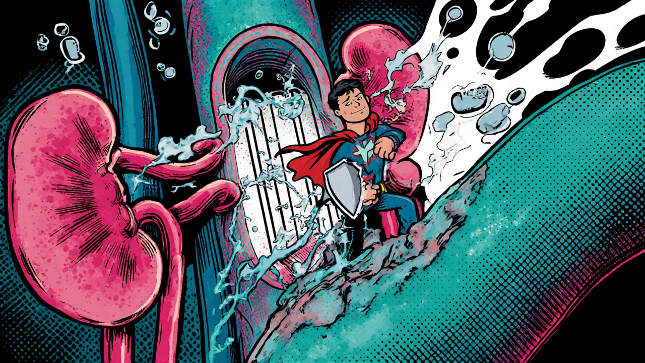 Kidney nephron panel where a tablet superhero blocks a transporter, releasing water.
