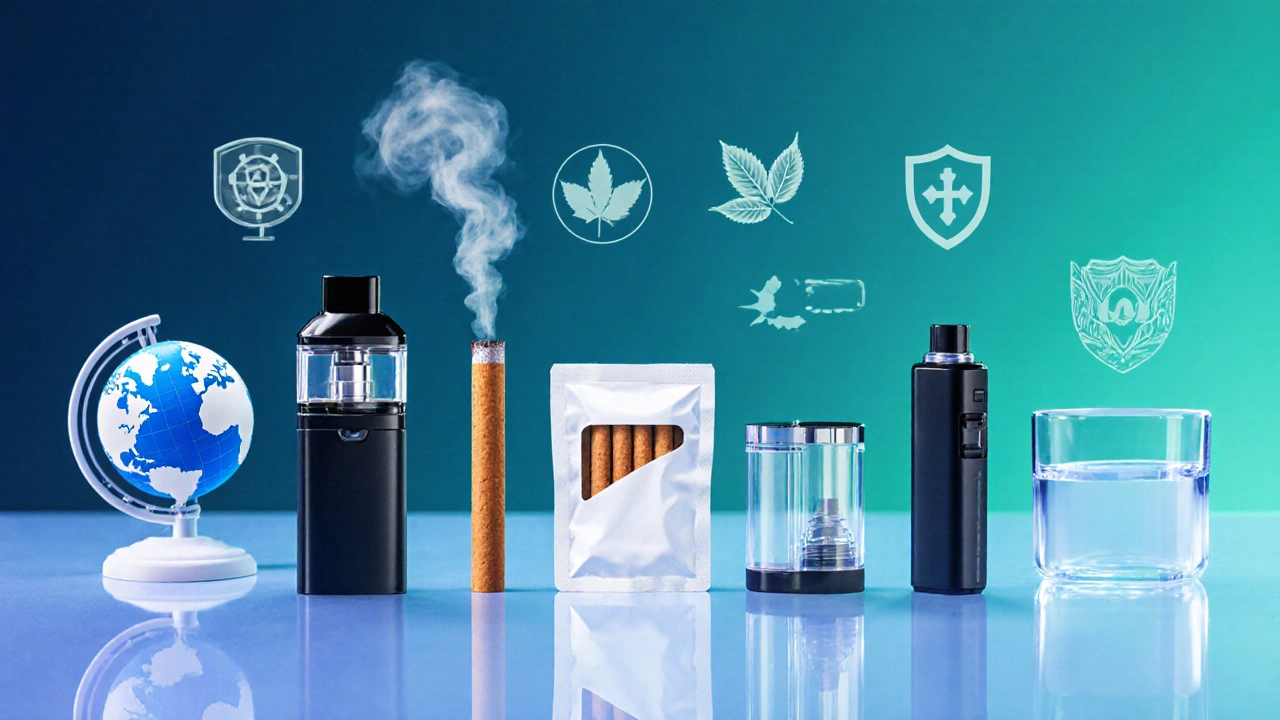 Lab bench displaying e‑cigarette, heated tobacco device, nicotine pouch, and CBD inhaler under cool lighting.