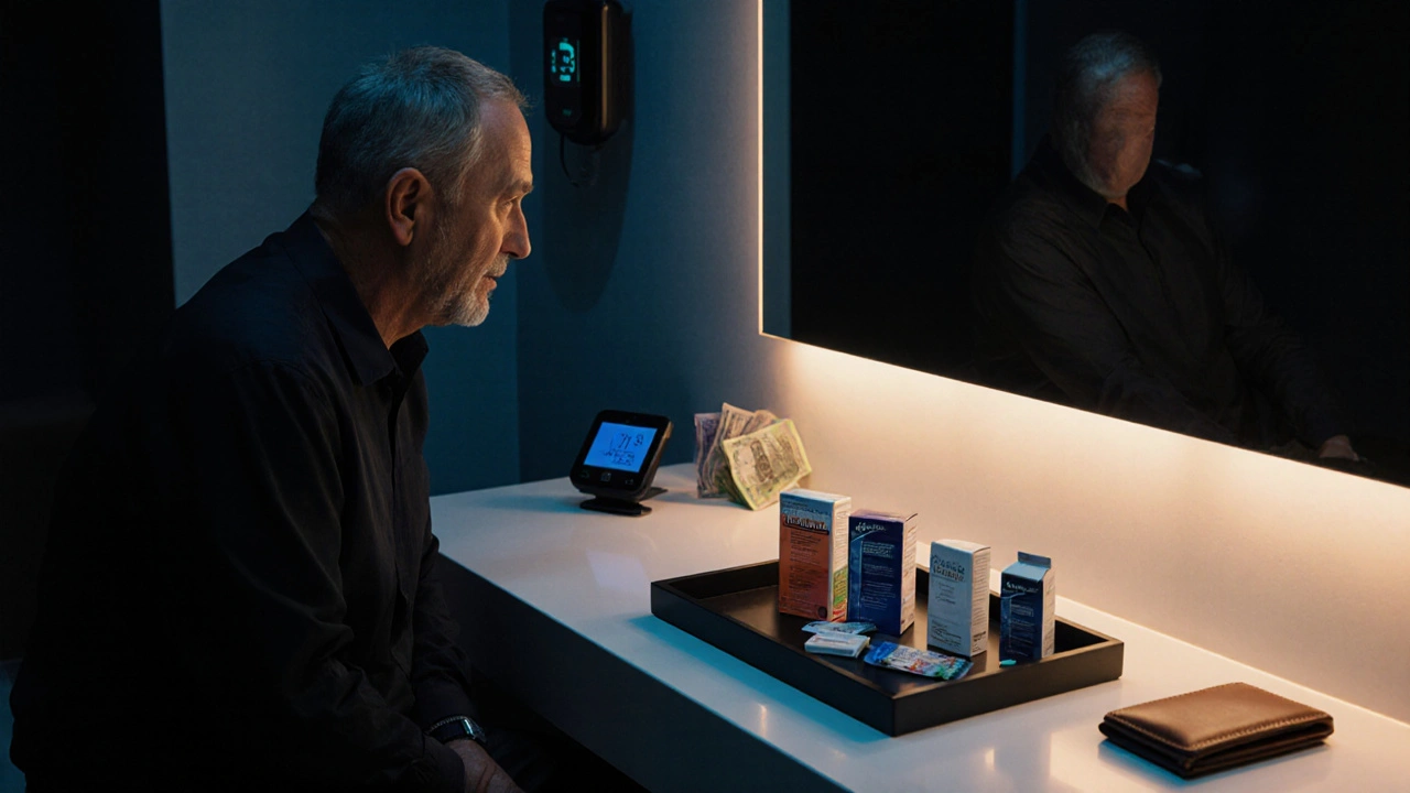 Man reviewing a tray of ED pills, wallet and heart monitor in dimly lit bathroom.