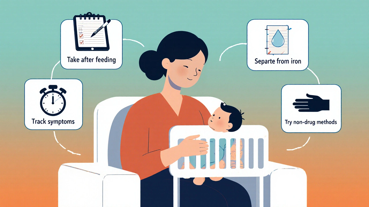 Mother with baby surrounded by icons of safe simethicone usage tips.