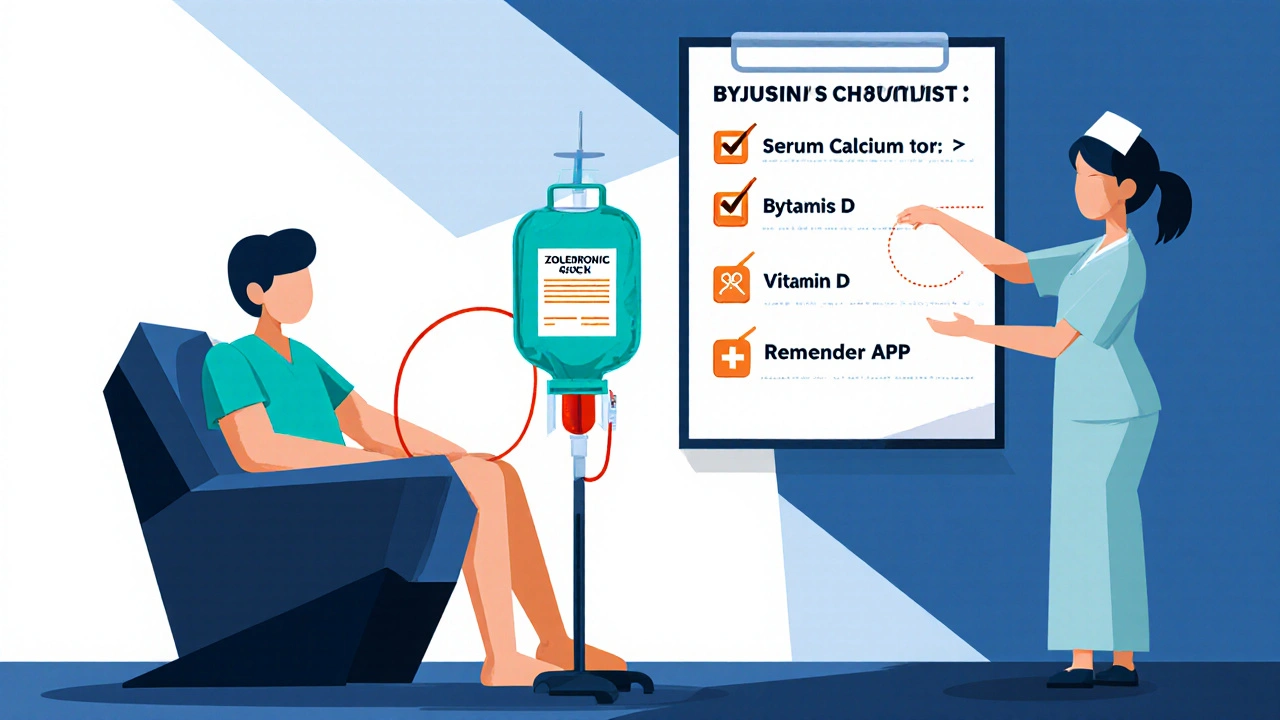 Nurse giving an IV zoledronic acid infusion with a checklist shown nearby.