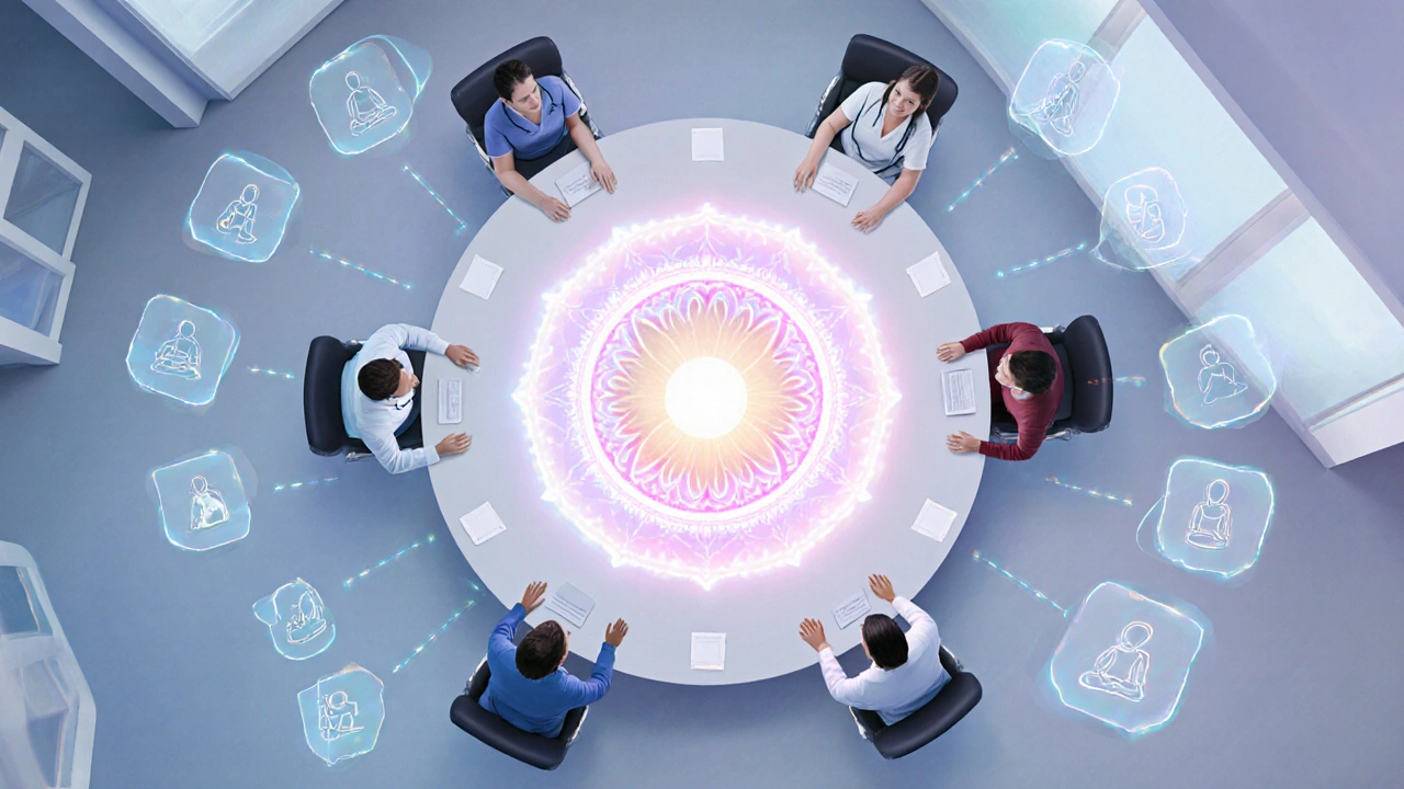 Overhead view of a care team around a glowing mandala representing spiritual care.