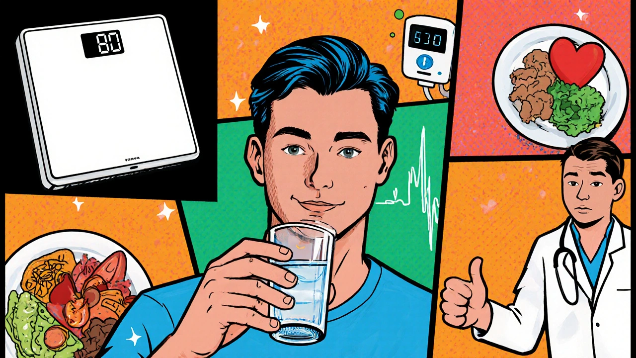 Patient taking tablet with water, scale, low‑salt foods, and doctor giving thumbs up.
