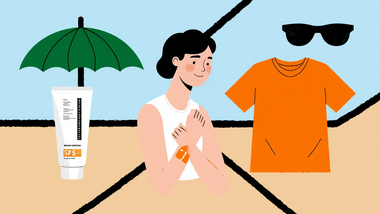 Person applying sunscreen surrounded by UPF shirt, shade umbrella, and sunglasses.