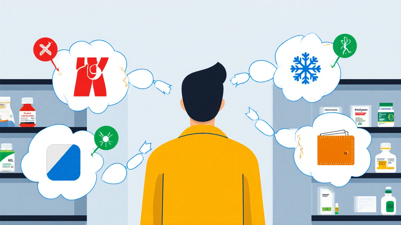 Person in pharmacy with thought bubbles pointing to different pain‑relief options.