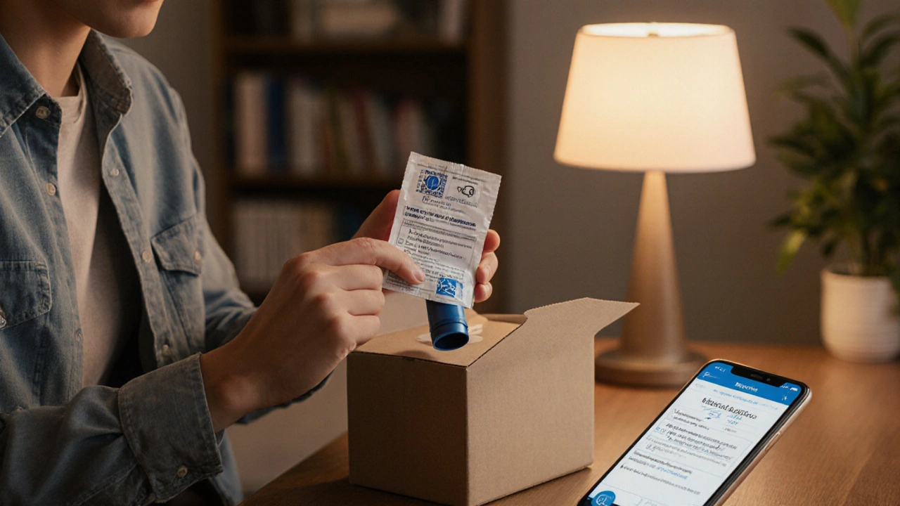 Person opening a package and inspecting an albuterol inhaler at home.