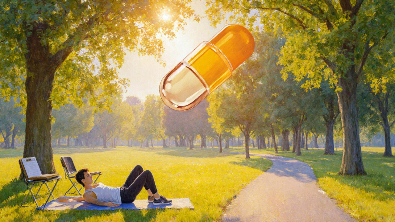 Person stretching in a sunny park with a faint amber light suggesting medication and therapy integration.