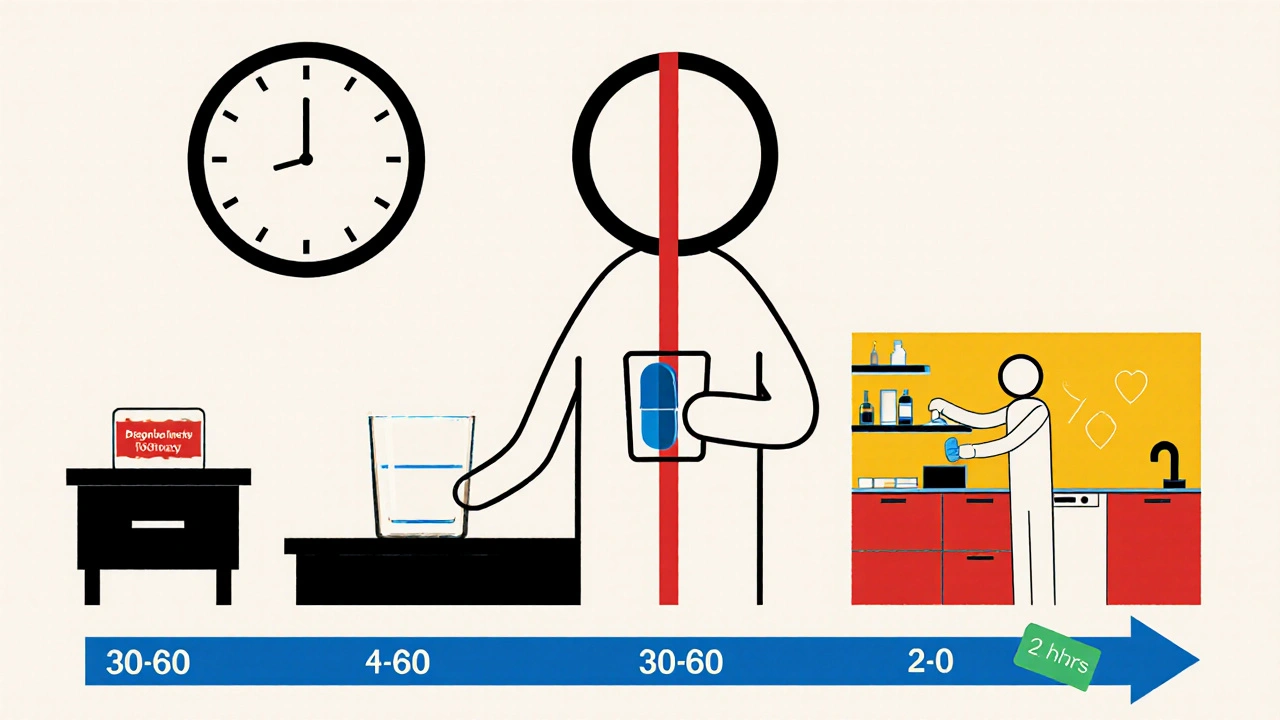 Person taking bisphosphonate with water, waiting, then reaching for calcium later.