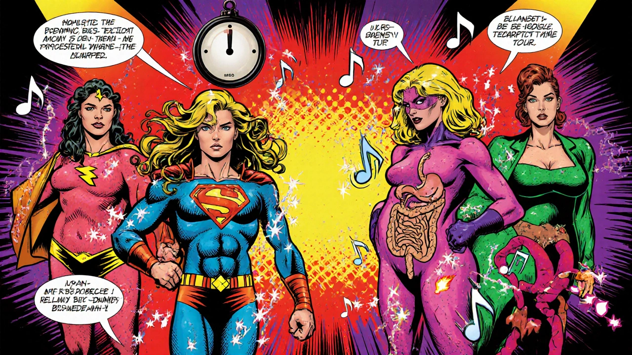 Personified pregnancy hormones as superheroes surrounded by weight gain, breasts, stretch marks, and digestive symbols.