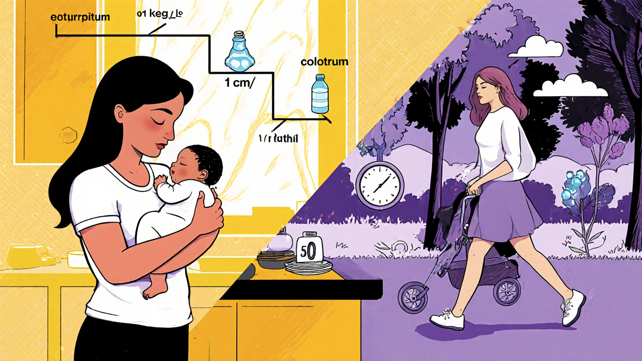 Postpartum mother cradling baby, doing Kegels, with shrinking uterus and fitness icons in comic panels.
