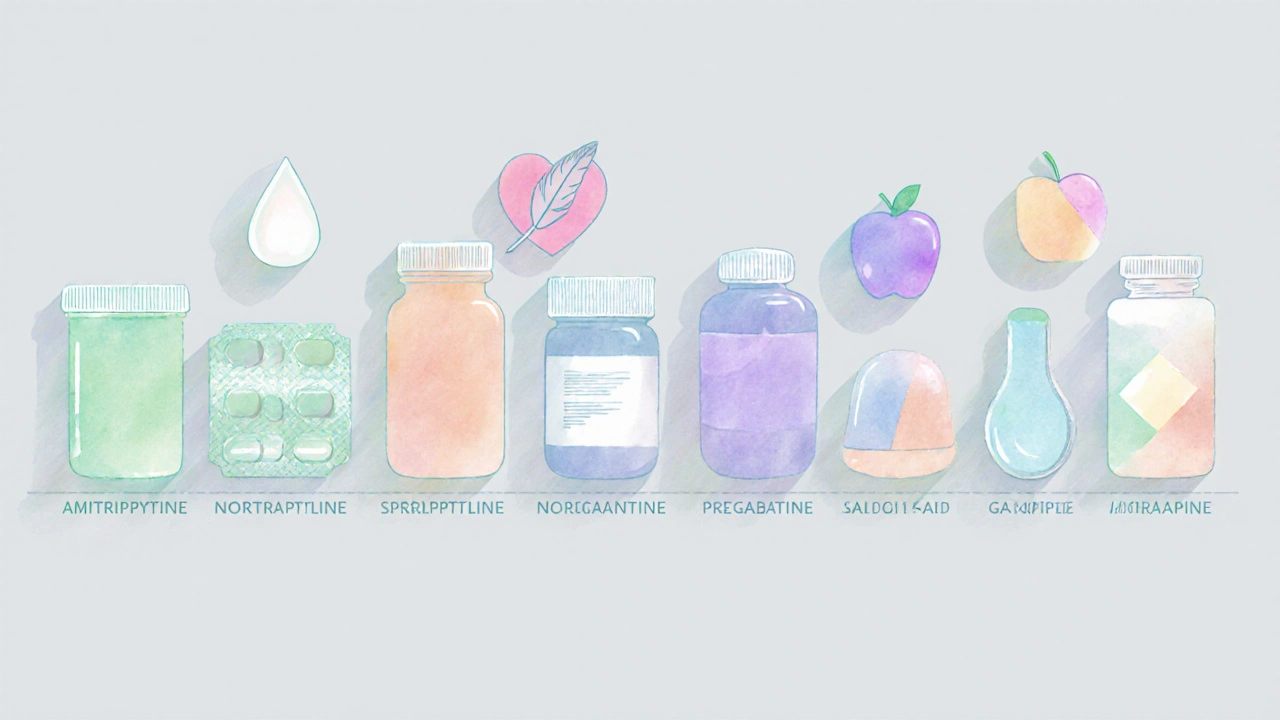 Row of different medication bottles and capsules each paired with simple side‑effect symbols.