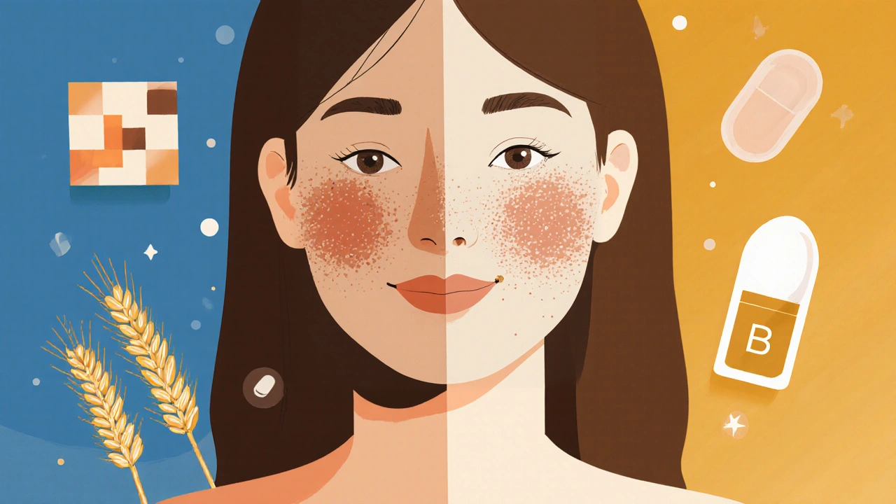 Split portrait of woman showing skin improvement with abstract wheat and vitamin icons.
