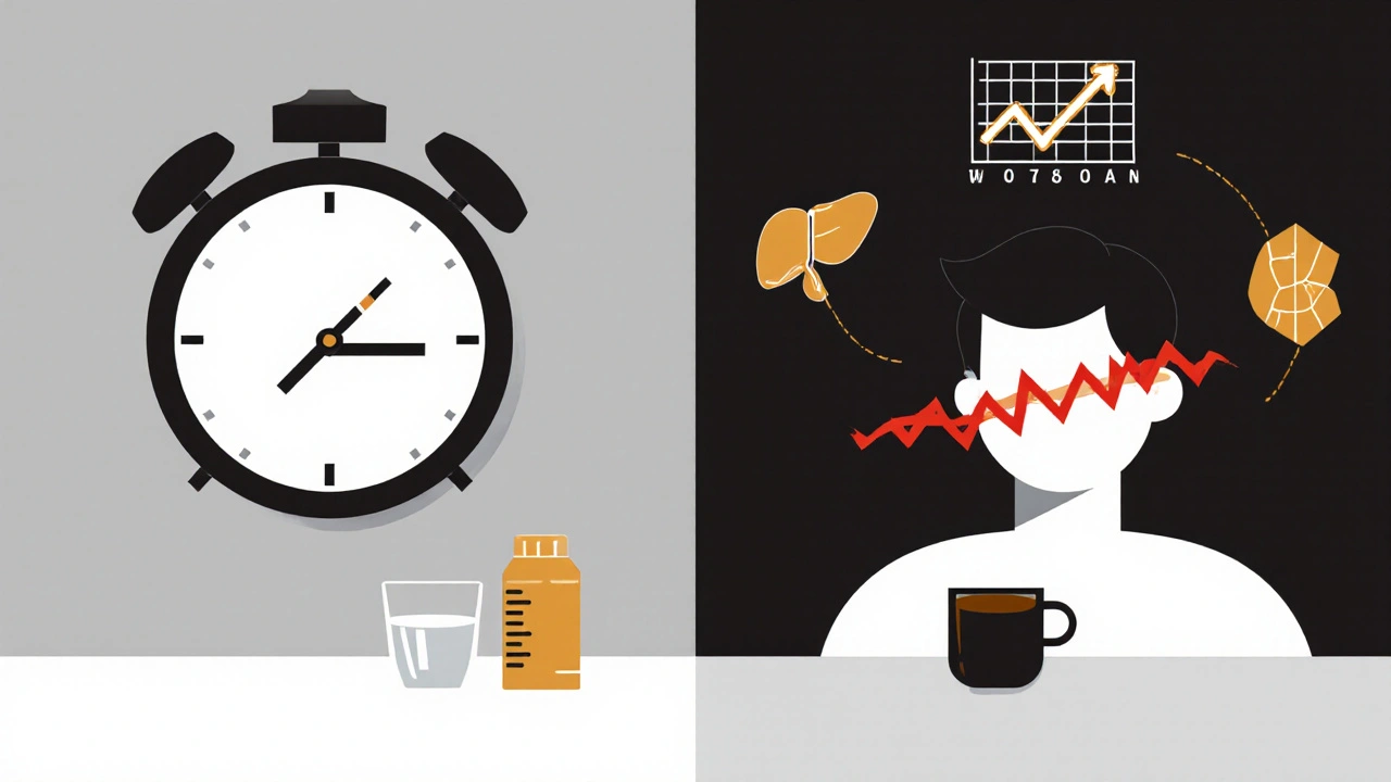 Split scene of thyroid medication and coffee with absorption barrier in geometric design