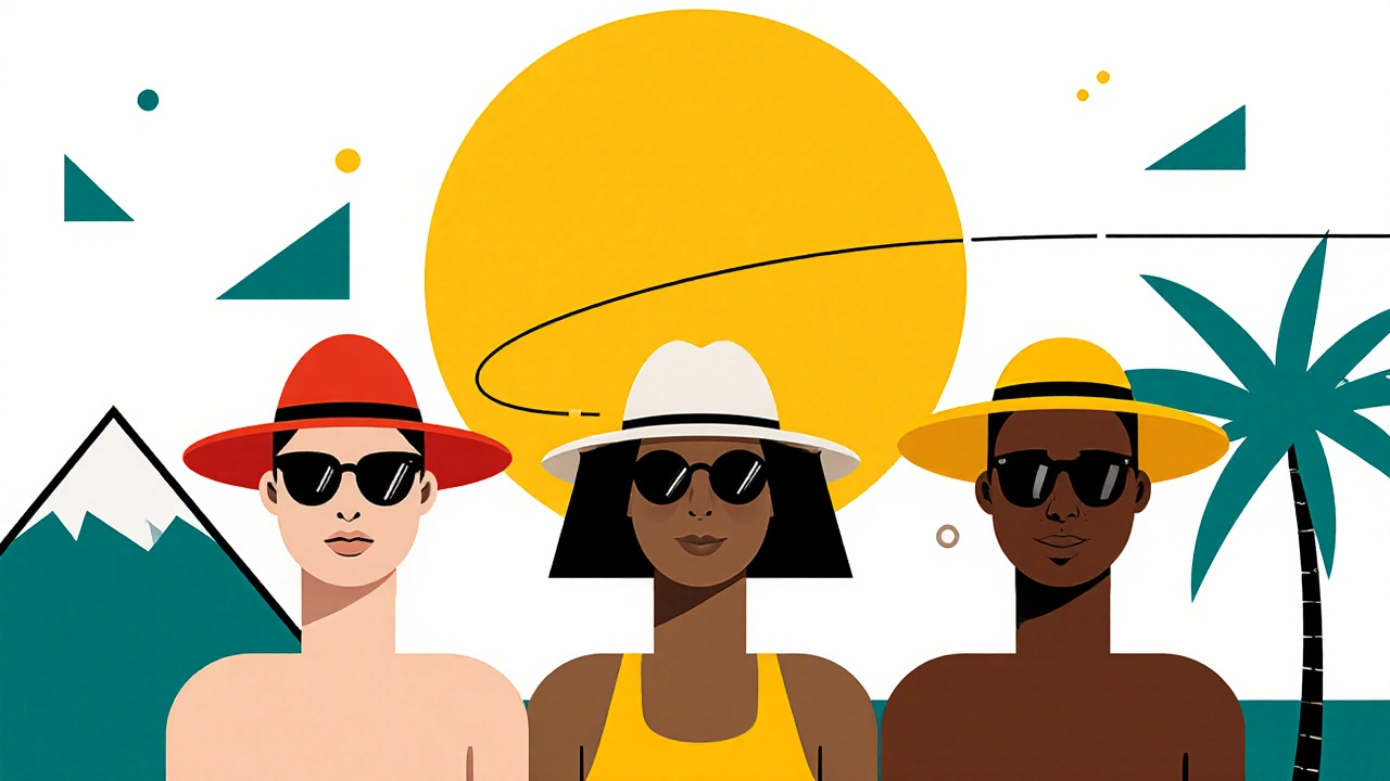 Three people of different skin tones under a stylized sun near mountains and equator.