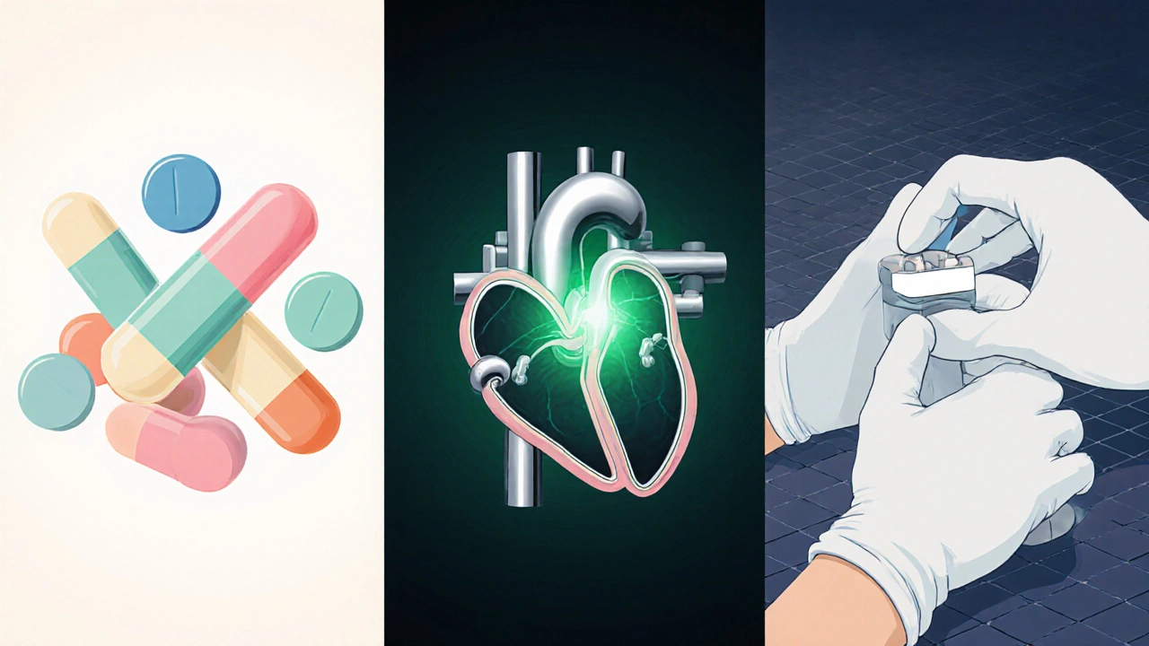 Three treatment options: medication, MitraClip device, and surgical valve replacement.