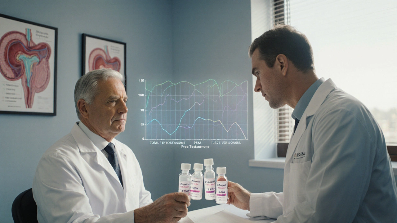 Urologist reviewing testosterone and PSA test vials with patient in a bright clinic.