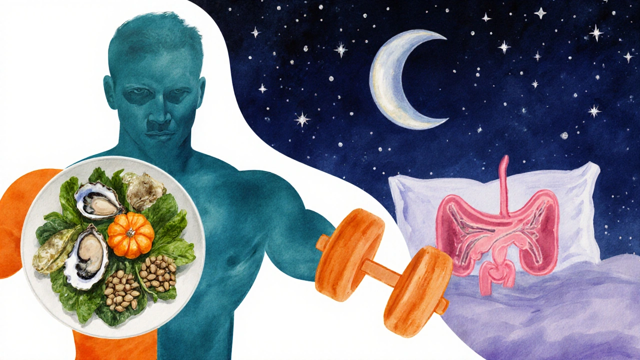 Watercolor collage of man exercising, healthy foods, and sleep promoting prostate health.