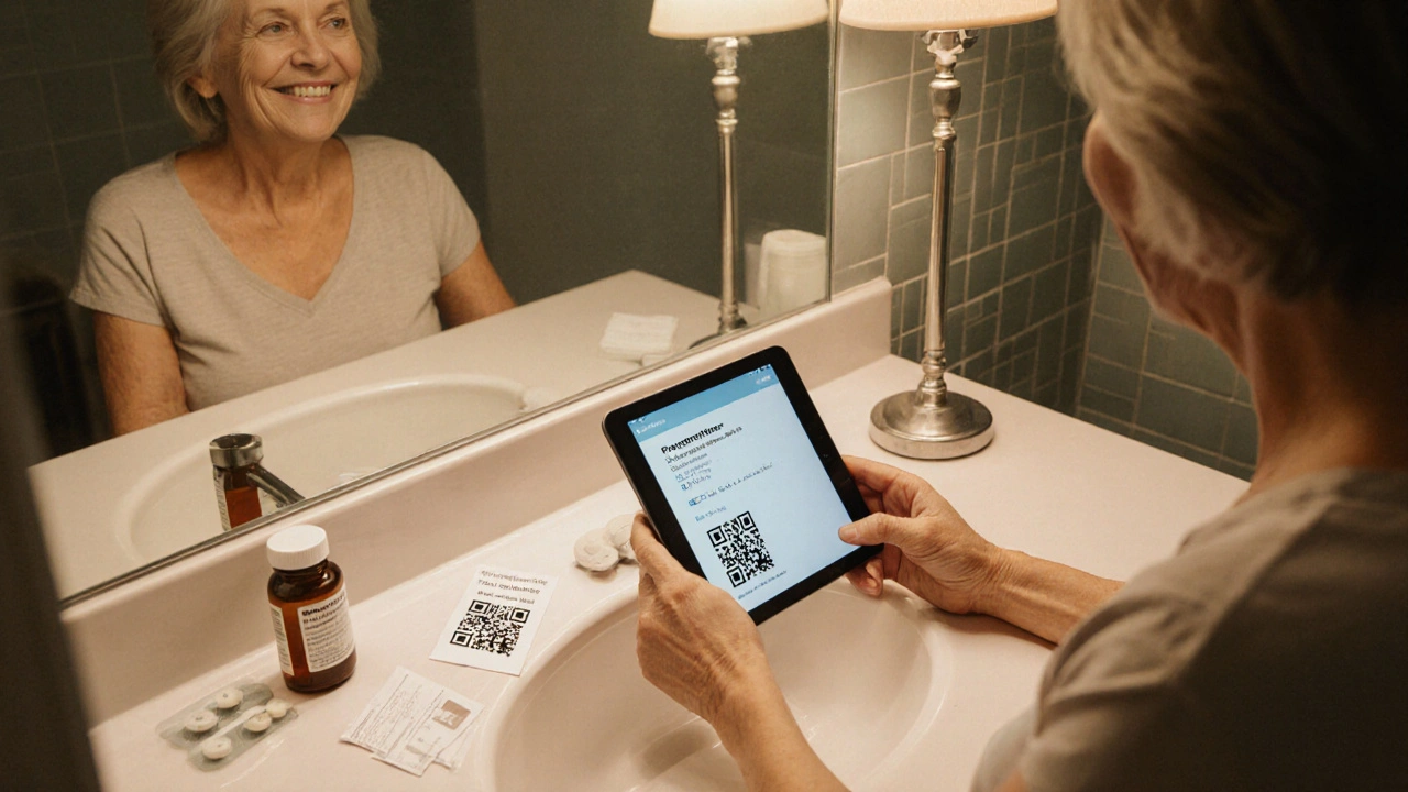 Woman in her 50s checking a medication batch photo on a tablet beside a pill bottle.