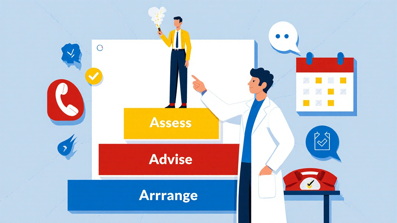 A doctor pointing to a pyramid chart of the five-step quit plan in abstract Bauhaus design.