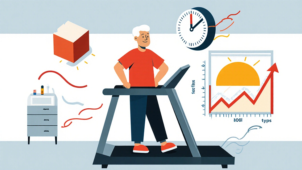 A man on a treadmill with floating icons of quit-smoking tools and rising cholesterol levels in geometric style.