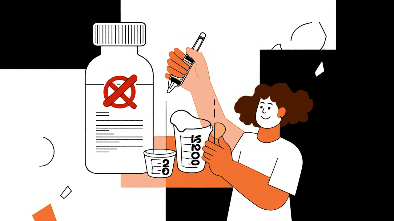A parent holds a medicine bottle with clear pictograms showing correct dosing and a crossed-out syringe.