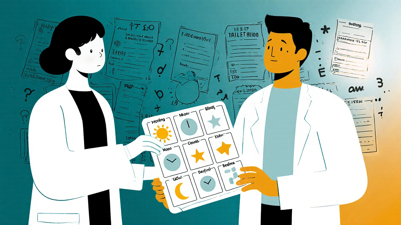 A pharmacist gives a patient a pill organizer with morning, noon, evening, and bedtime icons.