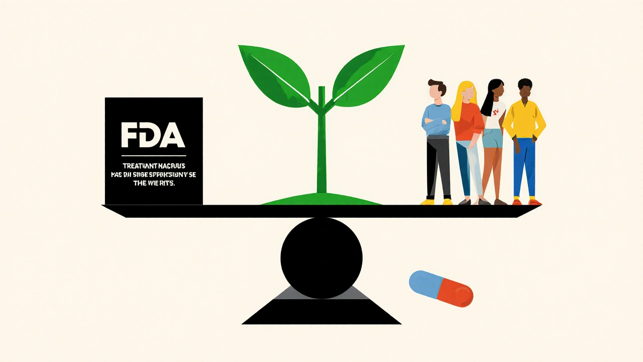 A scale balances a black box warning against a growing plant from a pill, with figures standing on the plant’s side.
