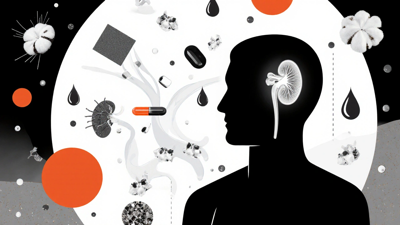 A silhouette with organs glowing, showing SGLT-2 inhibitors and hygiene symbols in Bauhaus style.