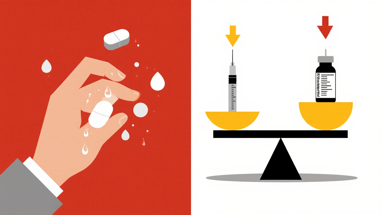 A split illustration comparing hypoglycemia risks with GLP-1 benefits in geometric Bauhaus design.