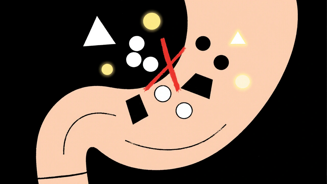 Abstract clash between bisphosphonate and calcium molecules in stomach, Bauhaus design.