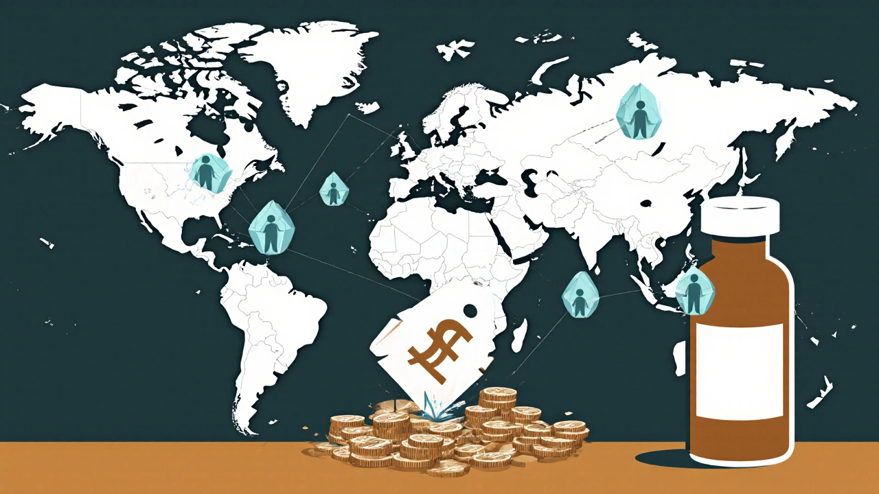 Biosimilar molecules spreading across a map while original drug vial cracks, symbolizing cost savings.